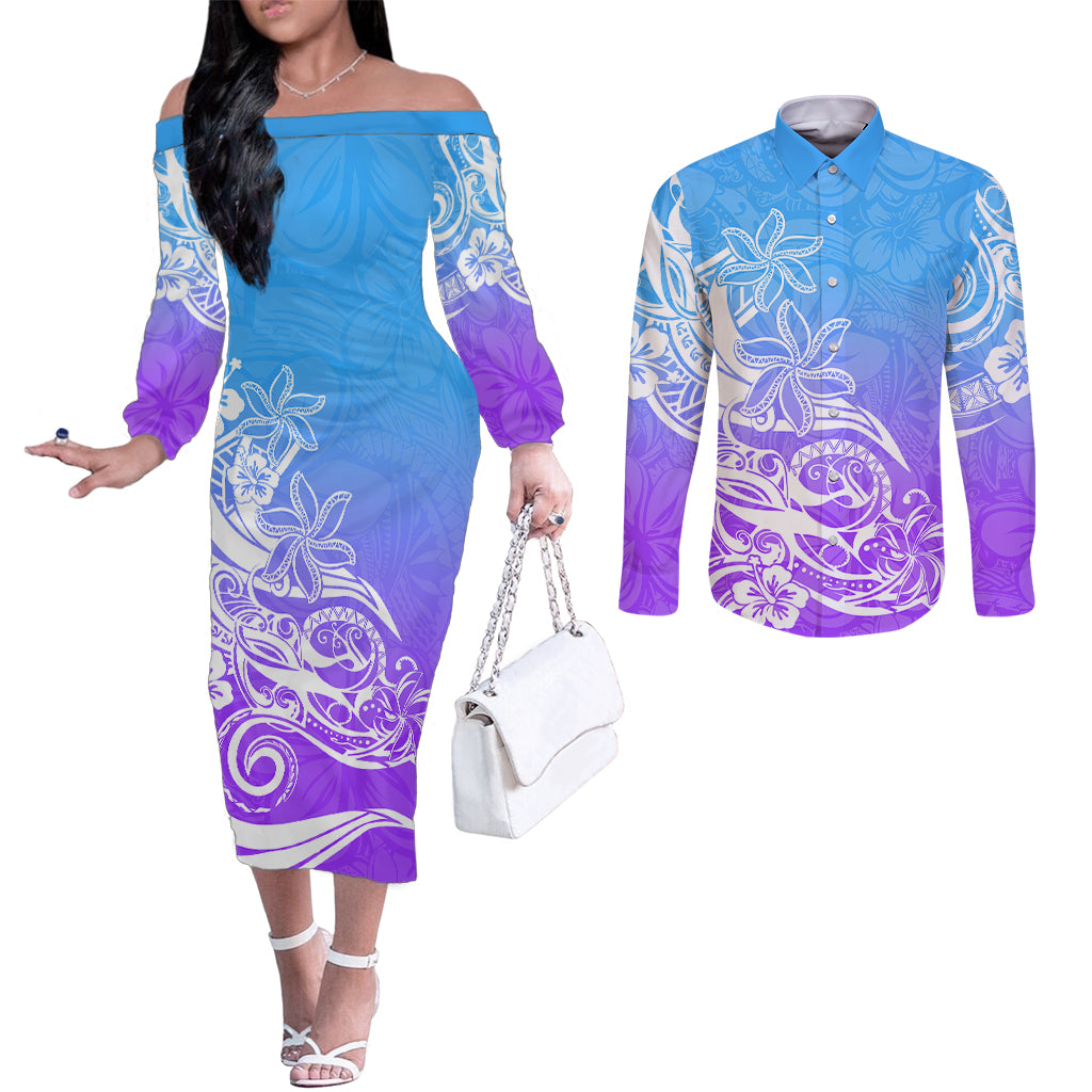 Polynesian Sunset Plumeria Couples Matching Off The Shoulder Long Sleeve Dress and Long Sleeve Button Shirts Pacific Island Tribal Blue Style LT9 Blue - Polynesian Pride