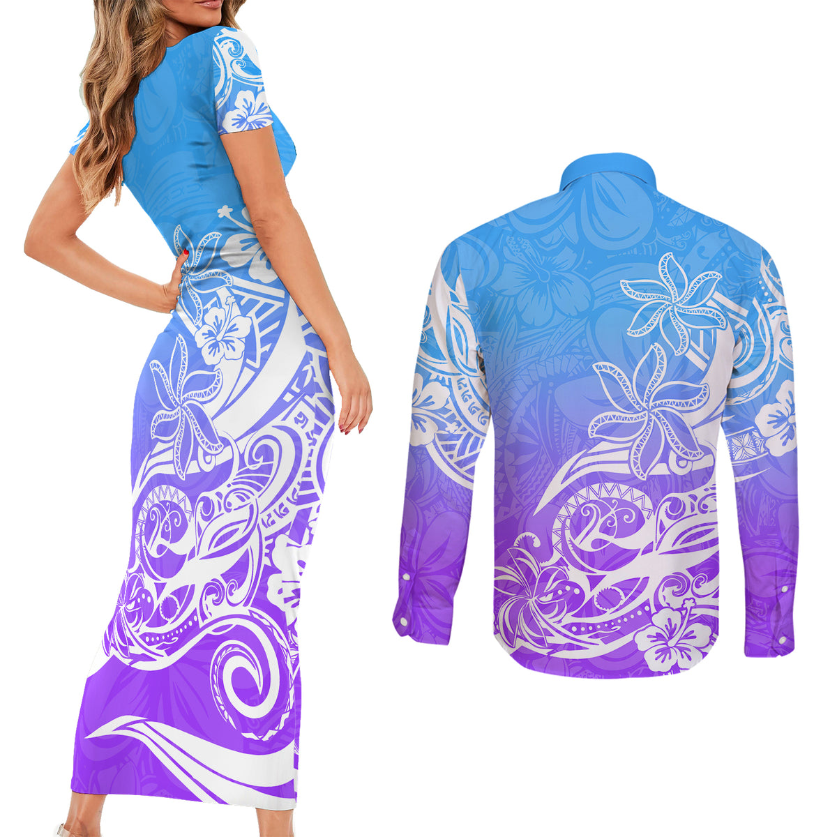 Polynesian Sunset Plumeria Couples Matching Short Sleeve Bodycon Dress and Long Sleeve Button Shirts Pacific Island Tribal Blue Style LT9 - Polynesian Pride