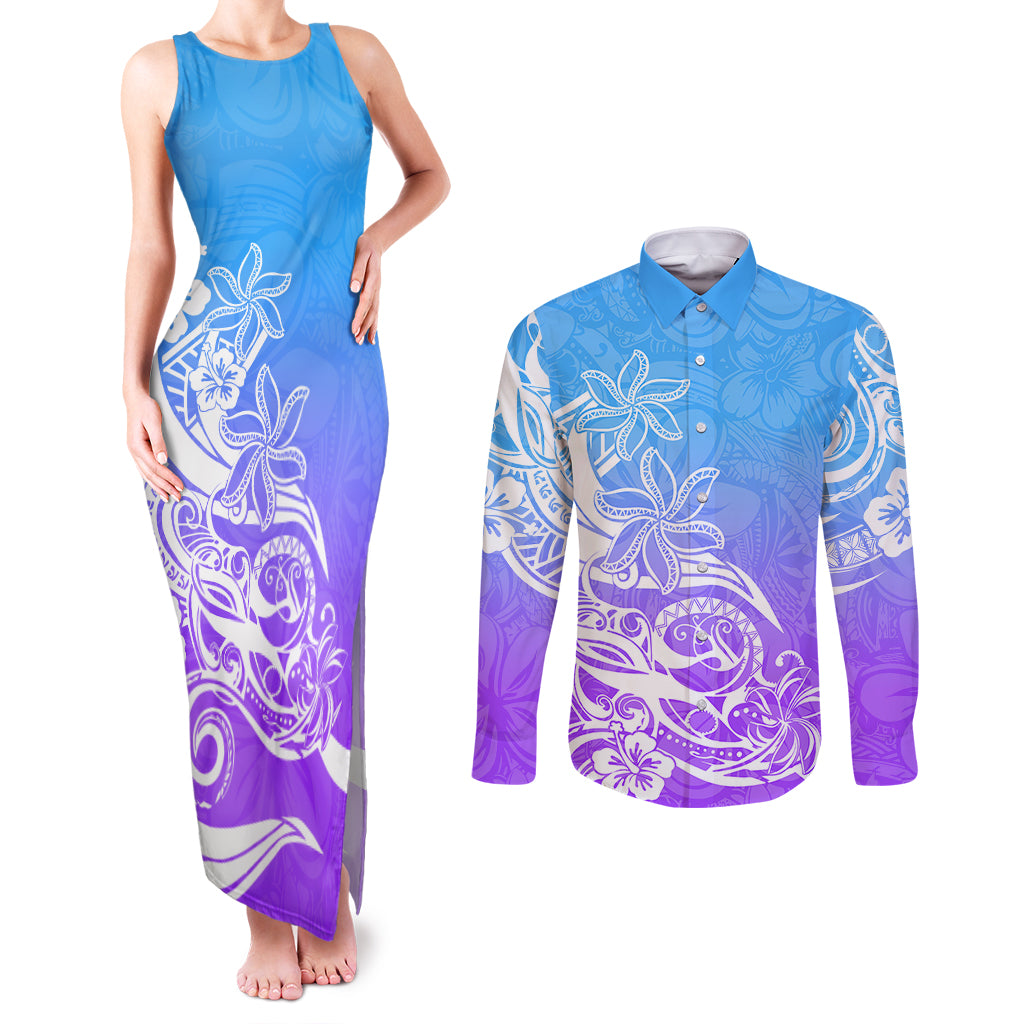 Polynesian Sunset Plumeria Couples Matching Tank Maxi Dress and Long Sleeve Button Shirts Pacific Island Tribal Blue Style LT9 Blue - Polynesian Pride