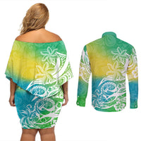 Polynesian Sunset Plumeria Couples Matching Off Shoulder Short Dress and Long Sleeve Button Shirts Pacific Island Tribal Green Style LT9 - Polynesian Pride