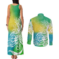 Polynesian Sunset Plumeria Couples Matching Tank Maxi Dress and Long Sleeve Button Shirts Pacific Island Tribal Green Style LT9 - Polynesian Pride
