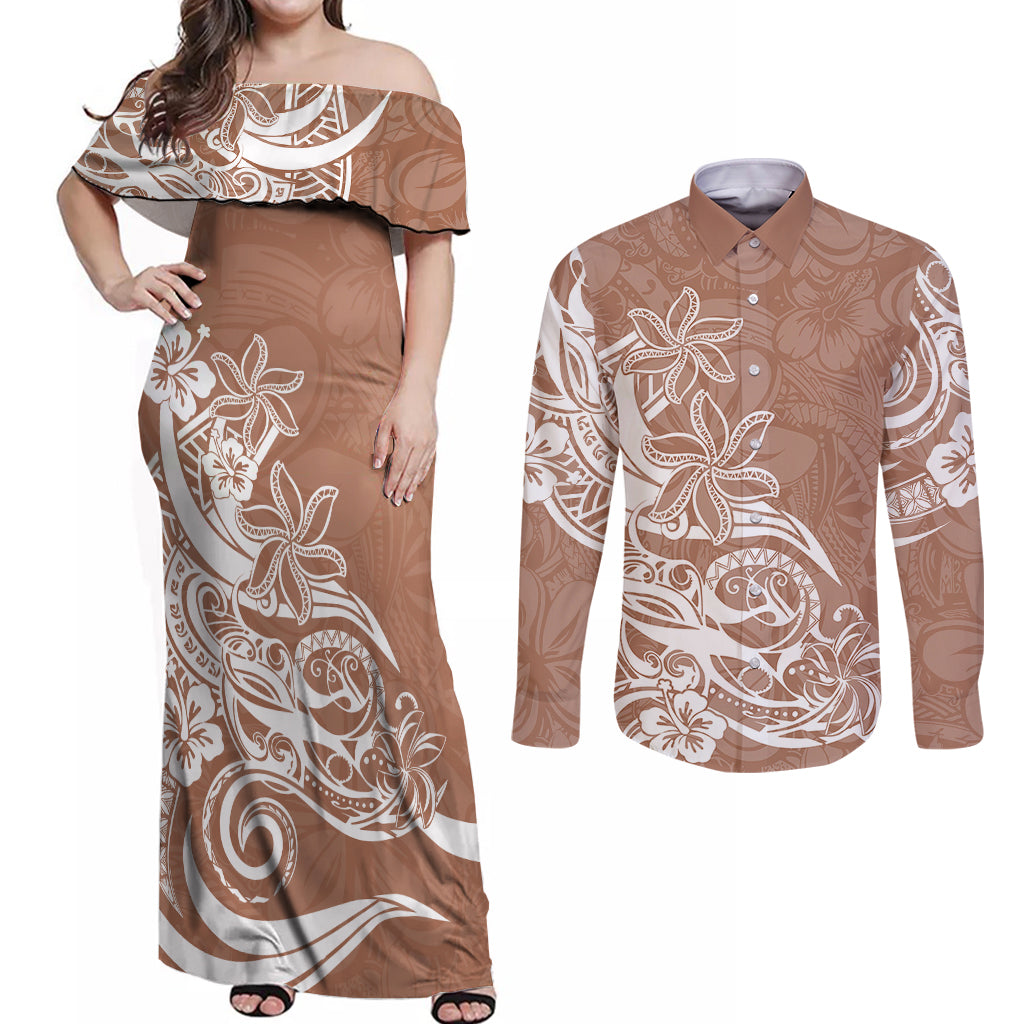 Polynesian Sunset Plumeria Couples Matching Off Shoulder Maxi Dress and Long Sleeve Button Shirts Pacific Island Tribal Nude Style LT9 Nude - Polynesian Pride