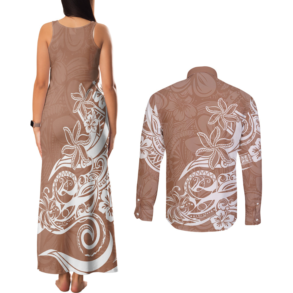 Polynesian Sunset Plumeria Couples Matching Tank Maxi Dress and Long Sleeve Button Shirts Pacific Island Tribal Nude Style LT9 - Polynesian Pride