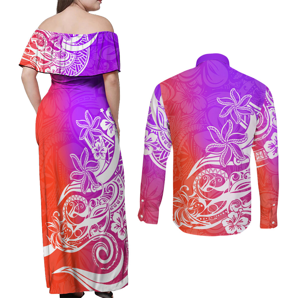 Polynesian Sunset Plumeria Couples Matching Off Shoulder Maxi Dress and Long Sleeve Button Shirts Pacific Island Tribal Purple Style LT9 - Polynesian Pride