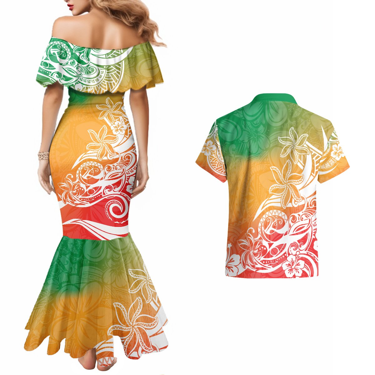 Polynesian Sunset Plumeria Couples Matching Mermaid Dress and Hawaiian Shirt Pacific Island Tribal Reggae Style LT9 - Polynesian Pride