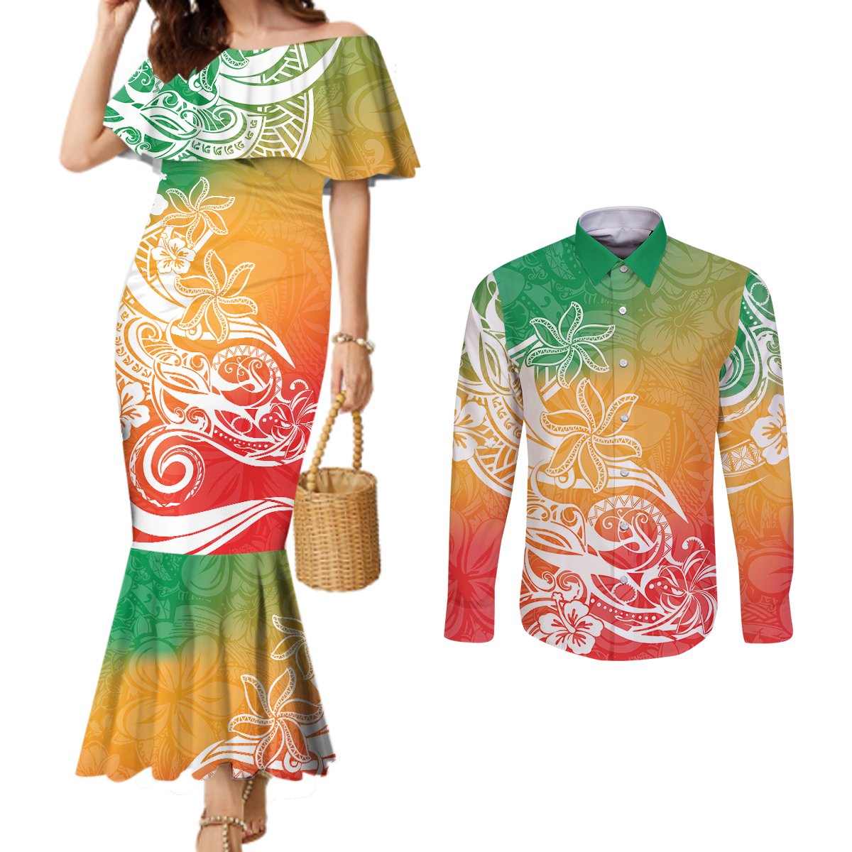 Polynesian Sunset Plumeria Couples Matching Mermaid Dress and Long Sleeve Button Shirts Pacific Island Tribal Reggae Style LT9 Reggae - Polynesian Pride