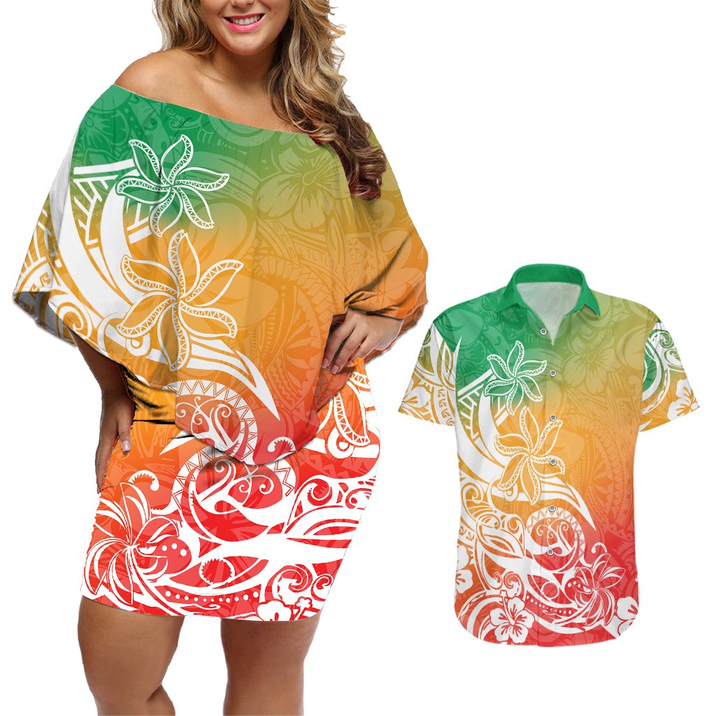 Polynesian Sunset Plumeria Couples Matching Off Shoulder Short Dress and Hawaiian Shirt Pacific Island Tribal Reggae Style LT9 Reggae - Polynesian Pride