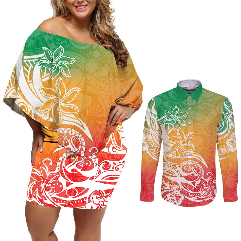 Polynesian Sunset Plumeria Couples Matching Off Shoulder Short Dress and Long Sleeve Button Shirts Pacific Island Tribal Reggae Style LT9 Reggae - Polynesian Pride
