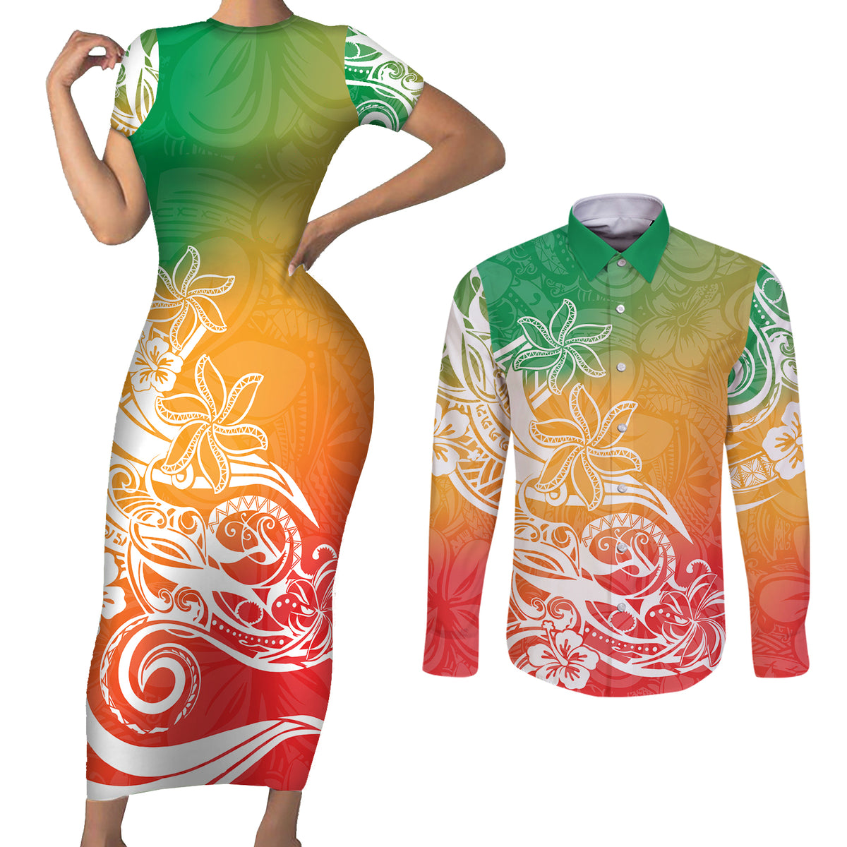 Polynesian Sunset Plumeria Couples Matching Short Sleeve Bodycon Dress and Long Sleeve Button Shirts Pacific Island Tribal Reggae Style LT9 Reggae - Polynesian Pride