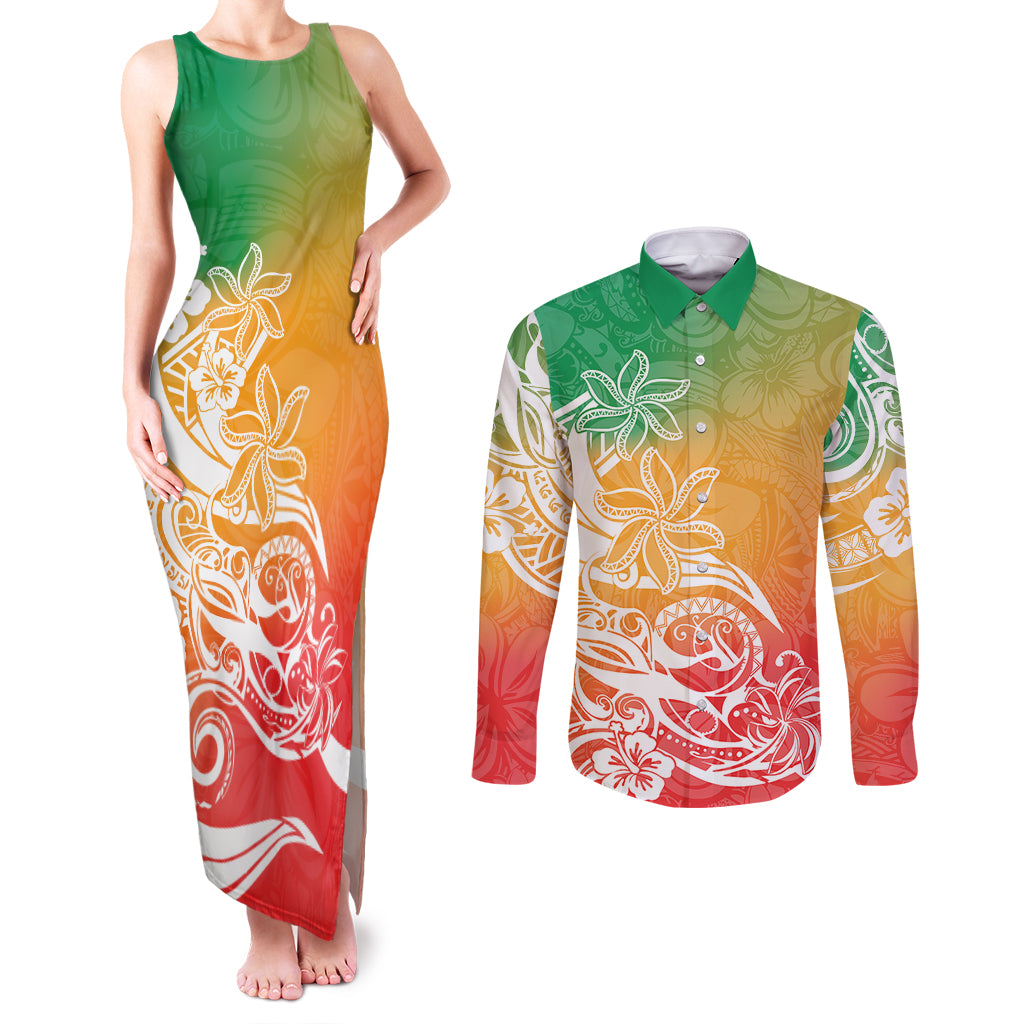 Polynesian Sunset Plumeria Couples Matching Tank Maxi Dress and Long Sleeve Button Shirts Pacific Island Tribal Reggae Style LT9 Reggae - Polynesian Pride