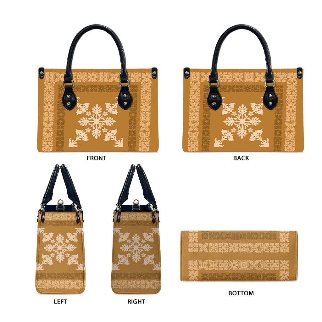Hawaiian Quilt Block Design Leather Bag Gold Hawaii Culture Motifs - Polynesian Pride