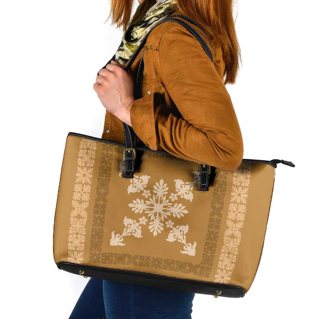 Hawaiian Quilt Block Design Leather Tote Bag Gold Hawaii Culture Motifs - Polynesian Pride