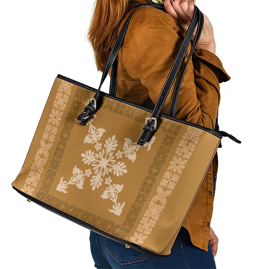 Hawaiian Quilt Block Design Leather Tote Bag Gold Hawaii Culture Motifs - Polynesian Pride