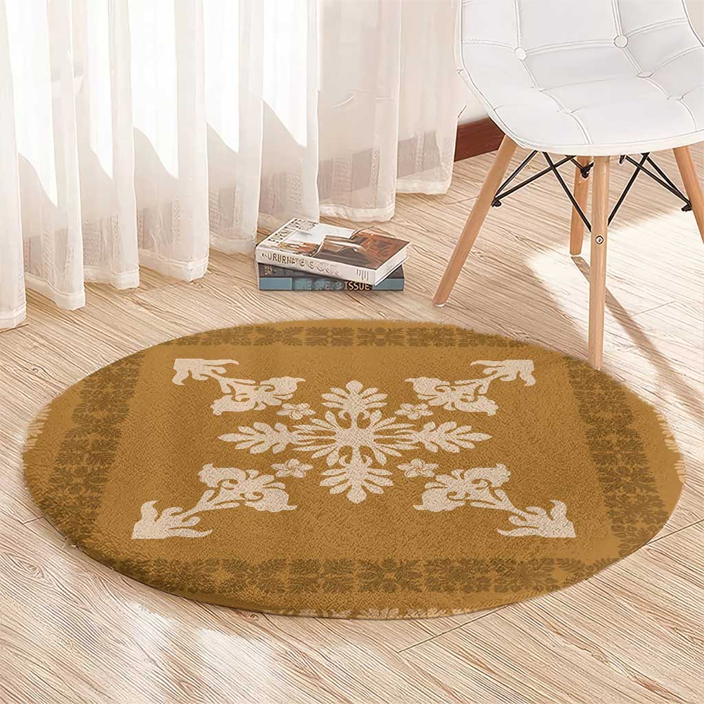 Hawaiian Quilt Block Design Round Carpet Gold Hawaii Culture Motifs - Polynesian Pride