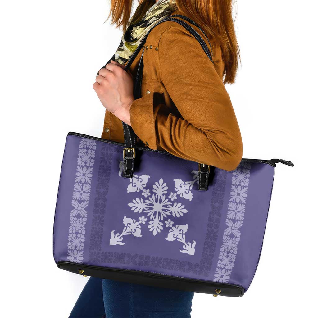 Hawaiian Quilt Block Design Leather Tote Bag Purple Hawaii Culture Motifs LT9 Purple - Polynesian Pride
