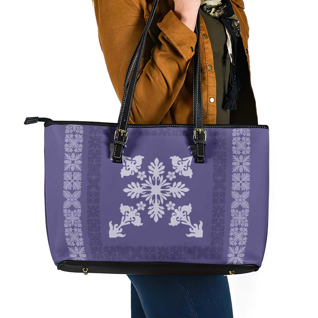 Hawaiian Quilt Block Design Leather Tote Bag Purple Hawaii Culture Motifs LT9 - Polynesian Pride