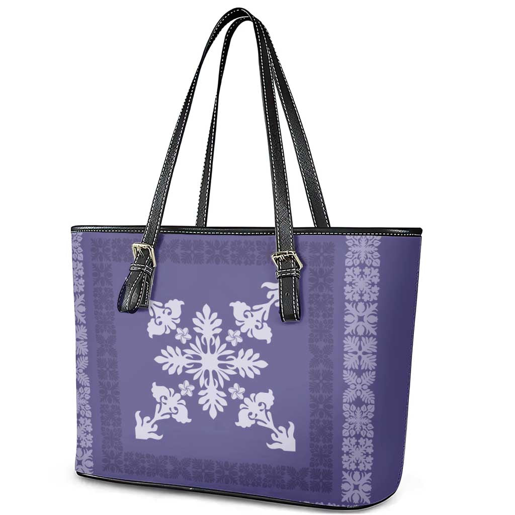 Hawaiian Quilt Block Design Leather Tote Bag Purple Hawaii Culture Motifs LT9 - Polynesian Pride