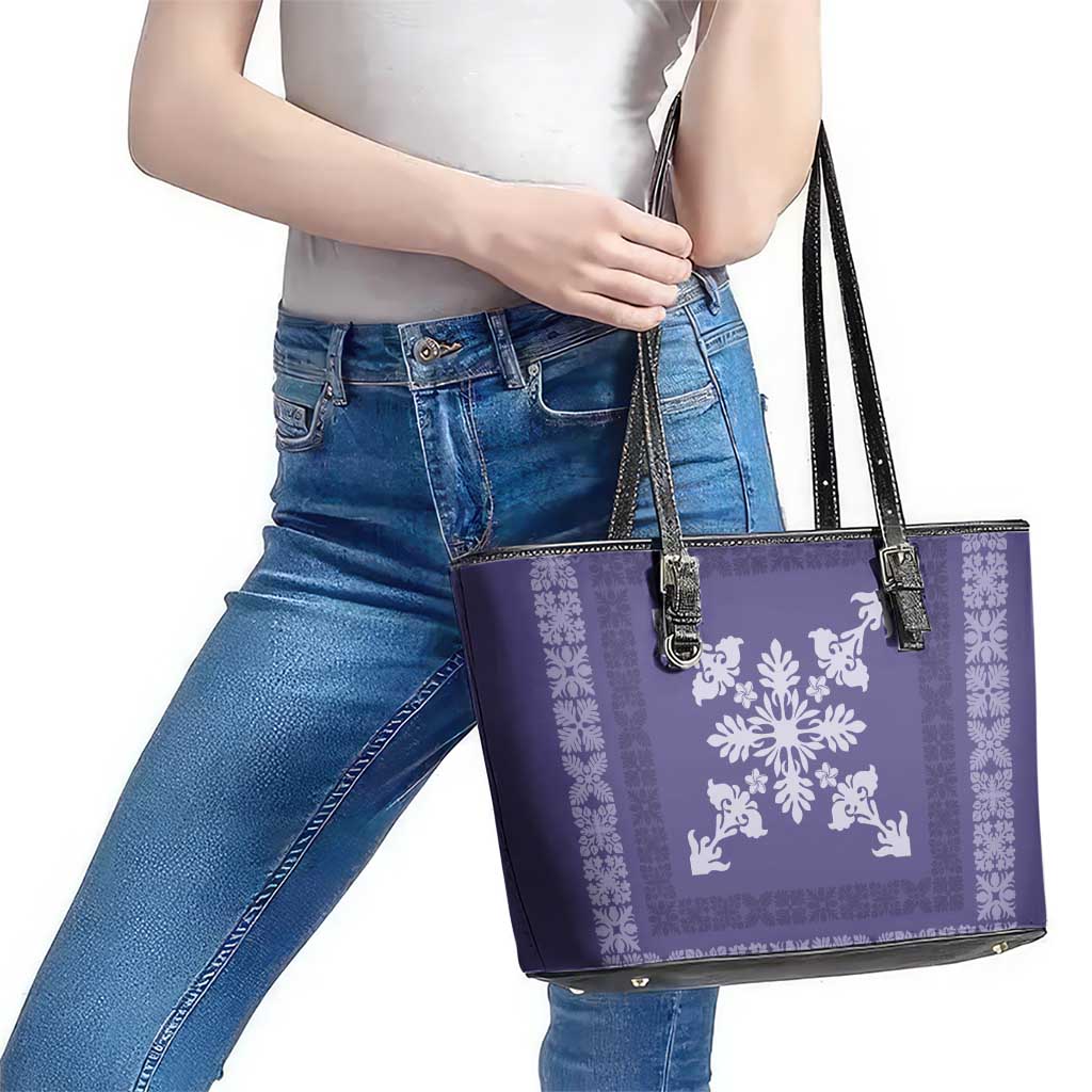 Hawaiian Quilt Block Design Leather Tote Bag Purple Hawaii Culture Motifs LT9 - Polynesian Pride