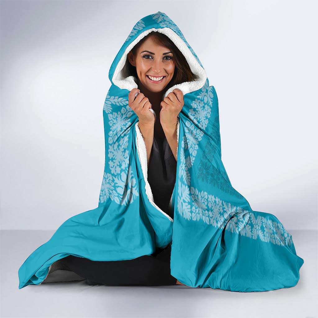 Hawaiian Quilt Block Design Hooded Blanket Teal Hawaii Culture Motifs - Polynesian Pride