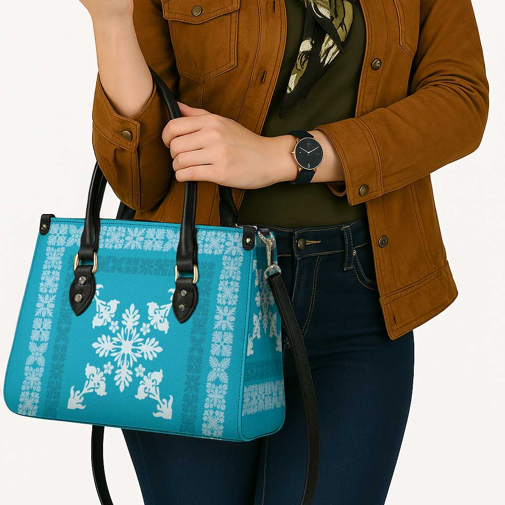 Hawaiian Quilt Block Design Leather Bag Teal Hawaii Culture Motifs - Polynesian Pride