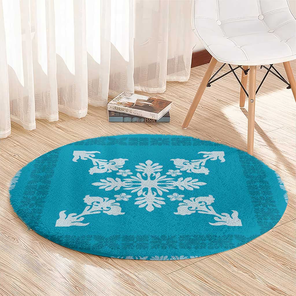 Hawaiian Quilt Block Design Round Carpet Teal Hawaii Culture Motifs - Polynesian Pride