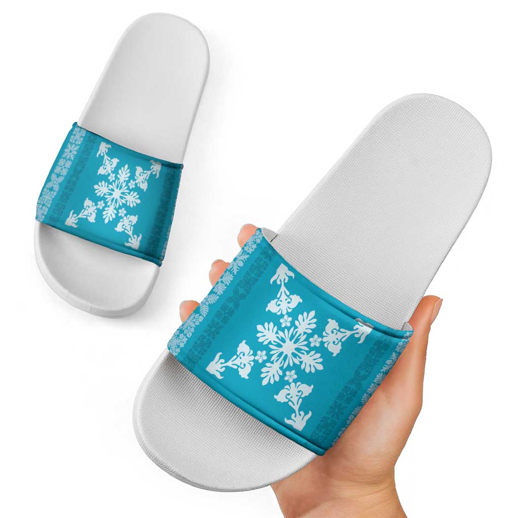 Hawaiian Quilt Block Design Slide Sandals Teal Hawaii Culture Motifs - Polynesian Pride