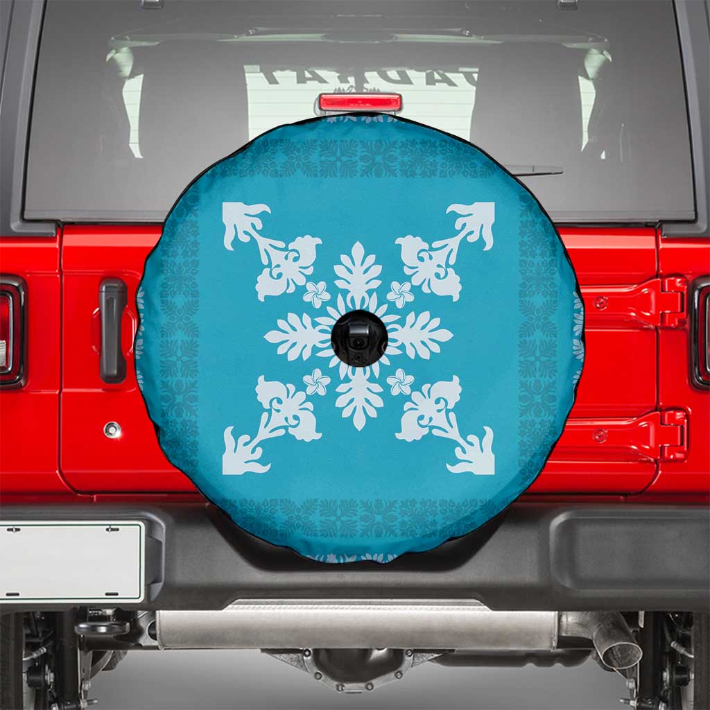 Hawaiian Quilt Block Design Spare Tire Cover Teal Hawaii Culture Motifs LT9 - Polynesian Pride