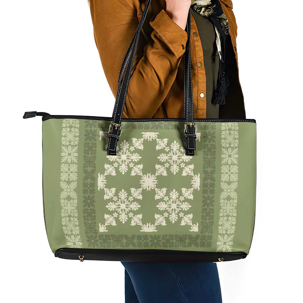 Hawaiian Quilt Pattern Leather Tote Bag Lime Hawaii Culture Tropical - Polynesian Pride