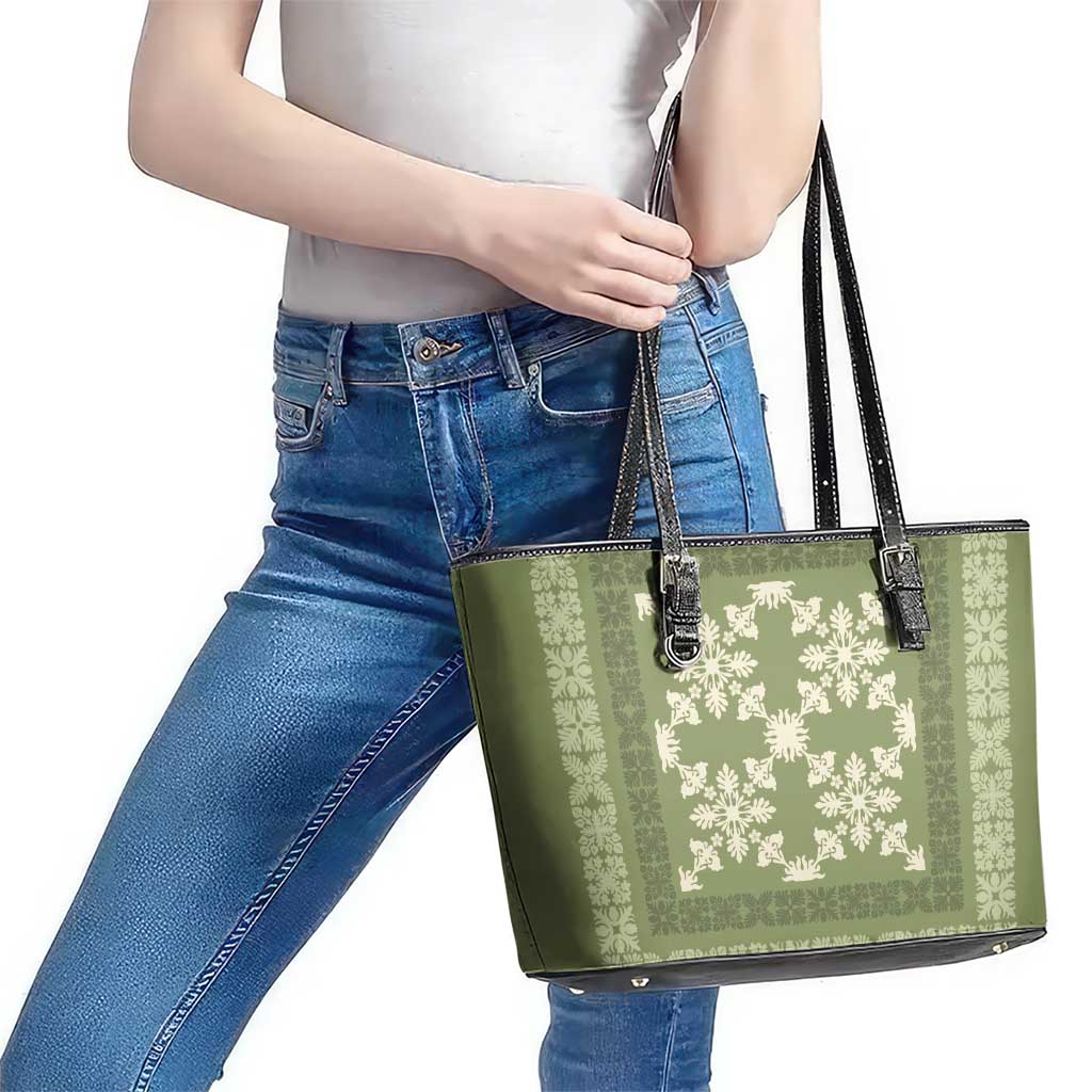 Hawaiian Quilt Pattern Leather Tote Bag Lime Hawaii Culture Tropical - Polynesian Pride