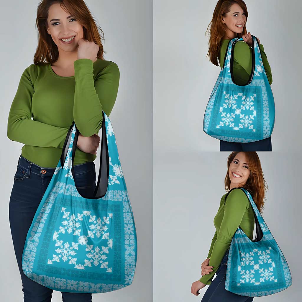 Hawaiian Quilt Pattern Grocery Bag Teal Hawaii Culture Tropical - Polynesian Pride