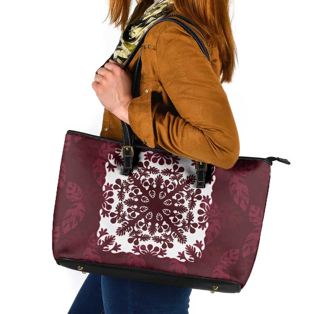 Palm Leaf Quilt Pattern Leather Tote Bag Hawaii Culture Floral - Polynesian Pride