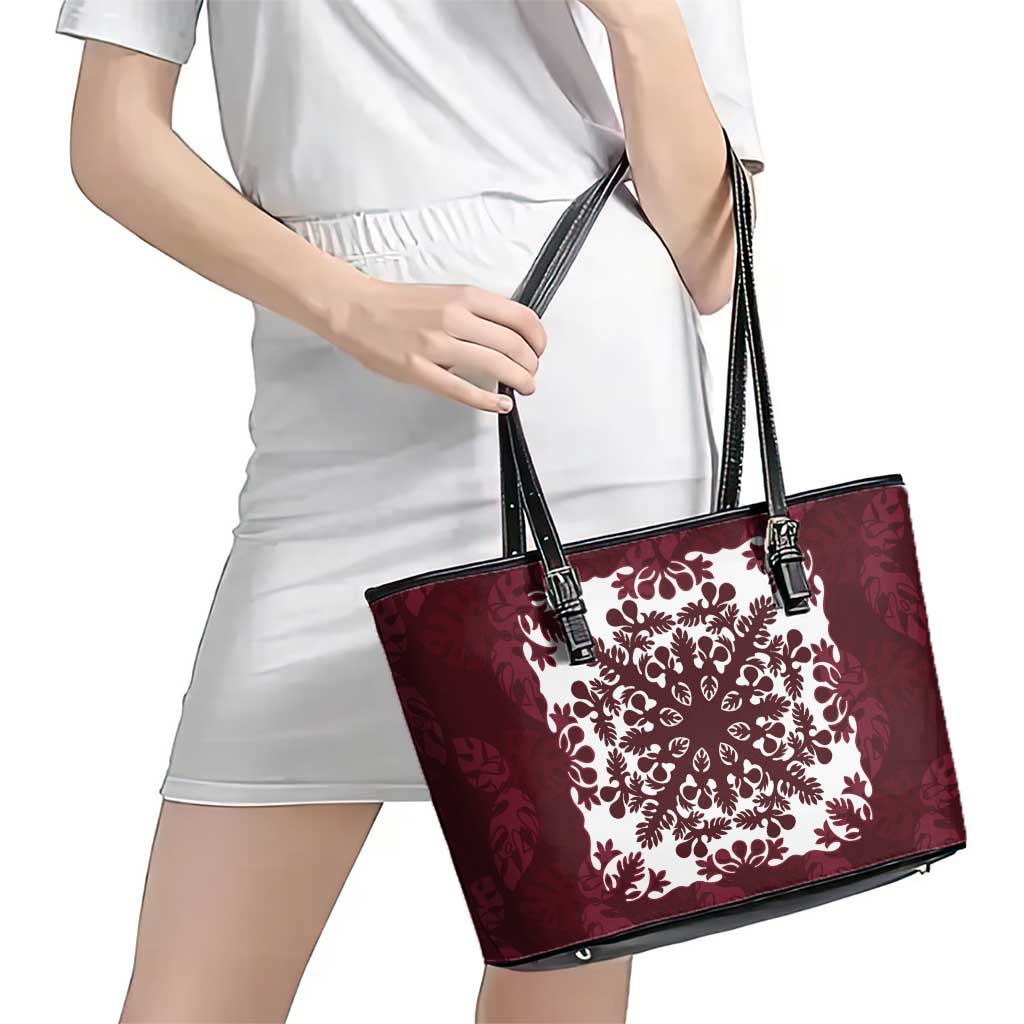 Palm Leaf Quilt Pattern Leather Tote Bag Hawaii Culture Floral - Polynesian Pride