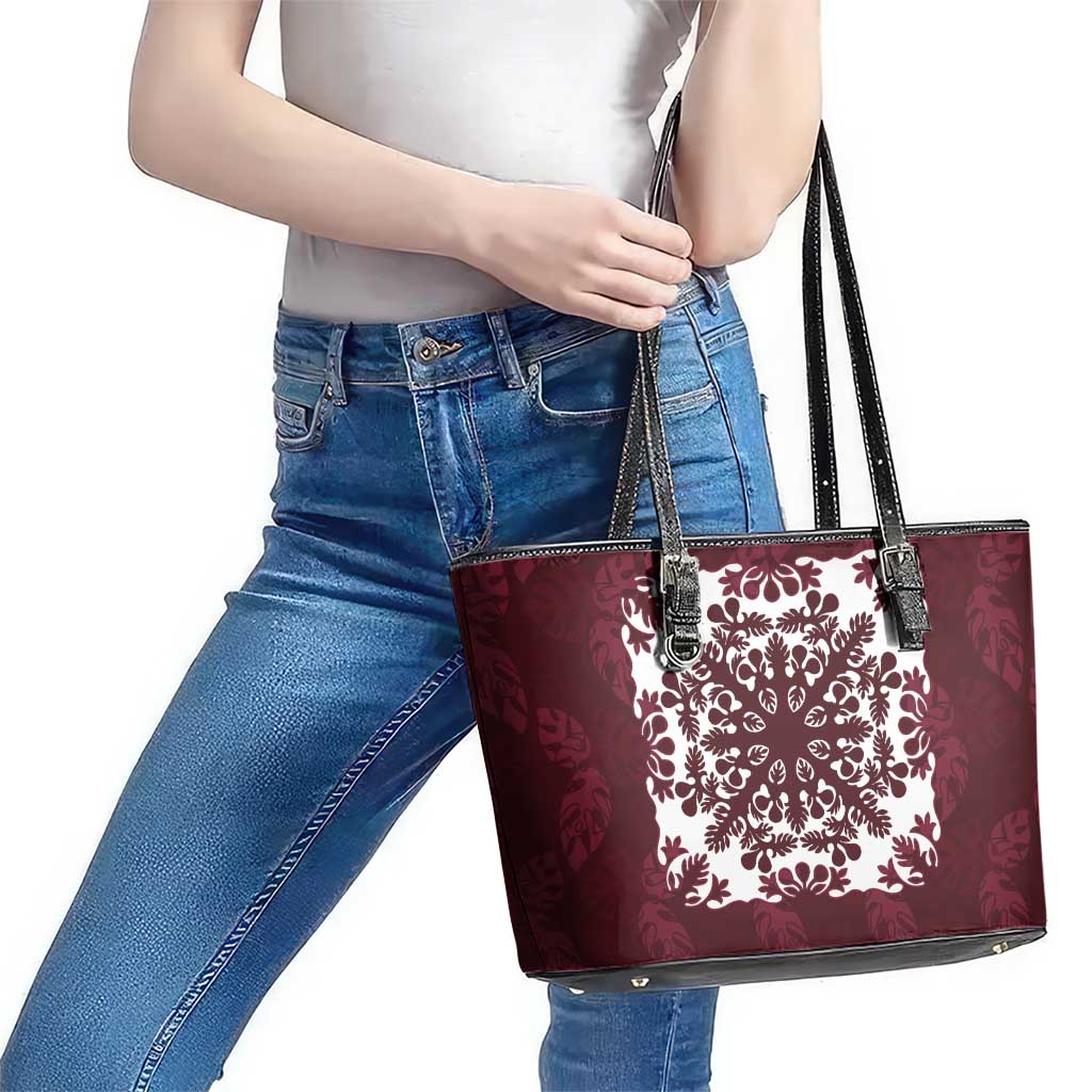 Palm Leaf Quilt Pattern Leather Tote Bag Hawaii Culture Floral - Polynesian Pride