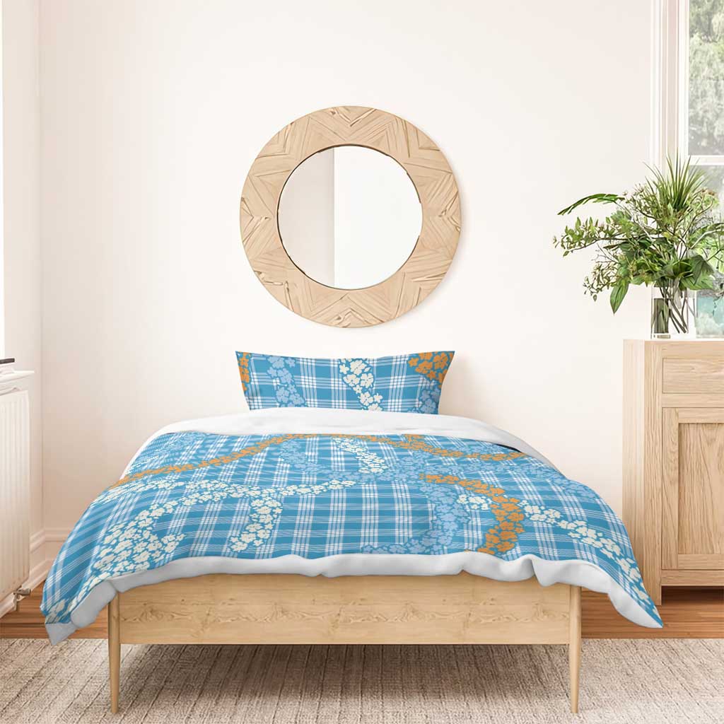 Blue Tropical Floral Palaka Bedding Set Hawaiian Quilt Pattern - Polynesian Pride