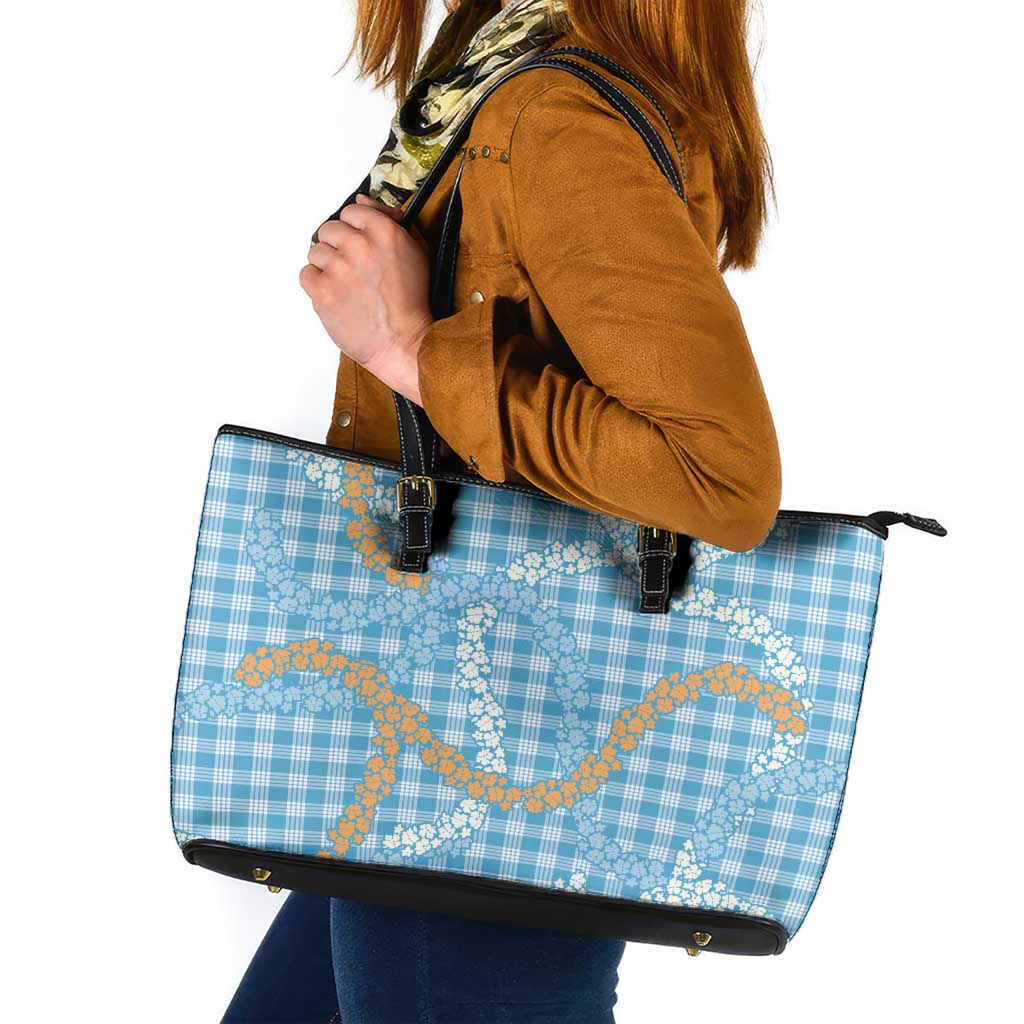 Blue Tropical Floral Palaka Leather Tote Bag Hawaiian Quilt Pattern - Polynesian Pride