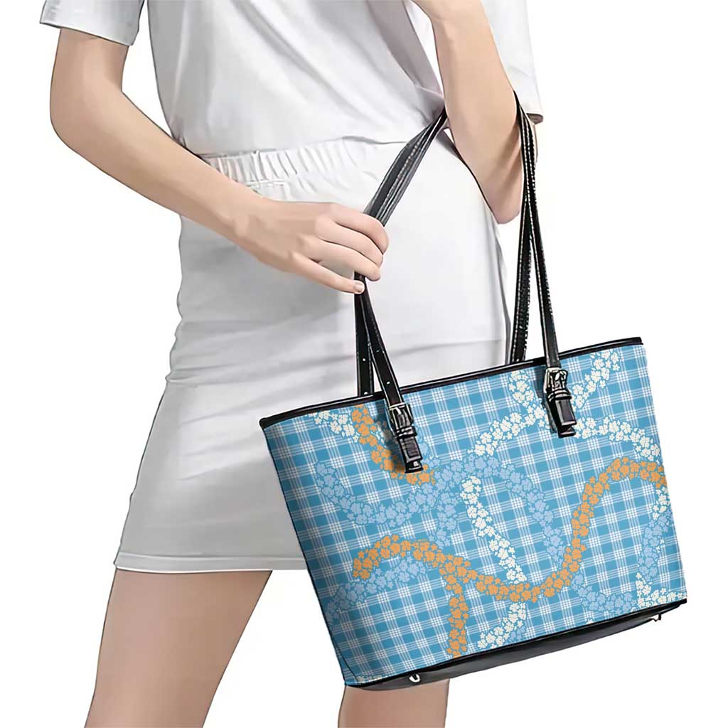Blue Tropical Floral Palaka Leather Tote Bag Hawaiian Quilt Pattern - Polynesian Pride