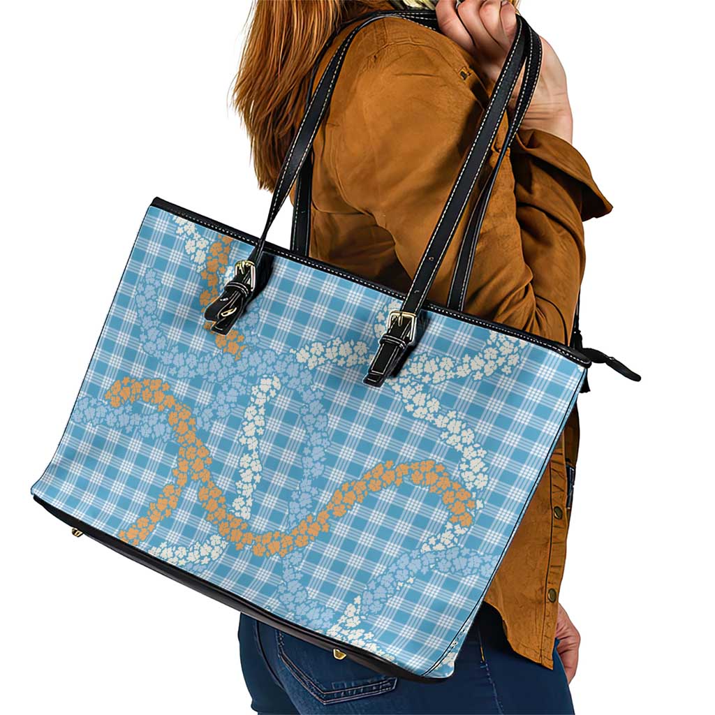 Blue Tropical Floral Palaka Leather Tote Bag Hawaiian Quilt Pattern - Polynesian Pride