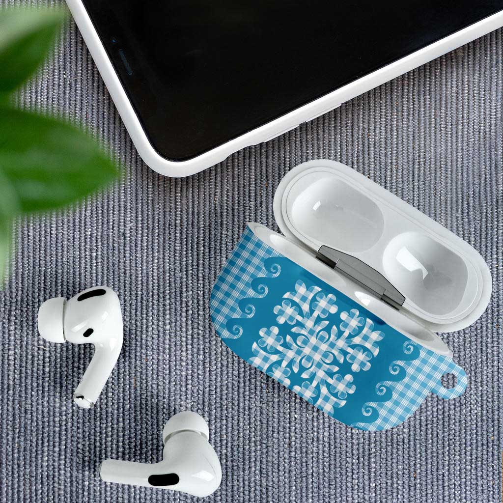 Blue Ulu Palaka Quilt Pattern AirPods Case Hawaii Culture Breadfruit - Polynesian Pride
