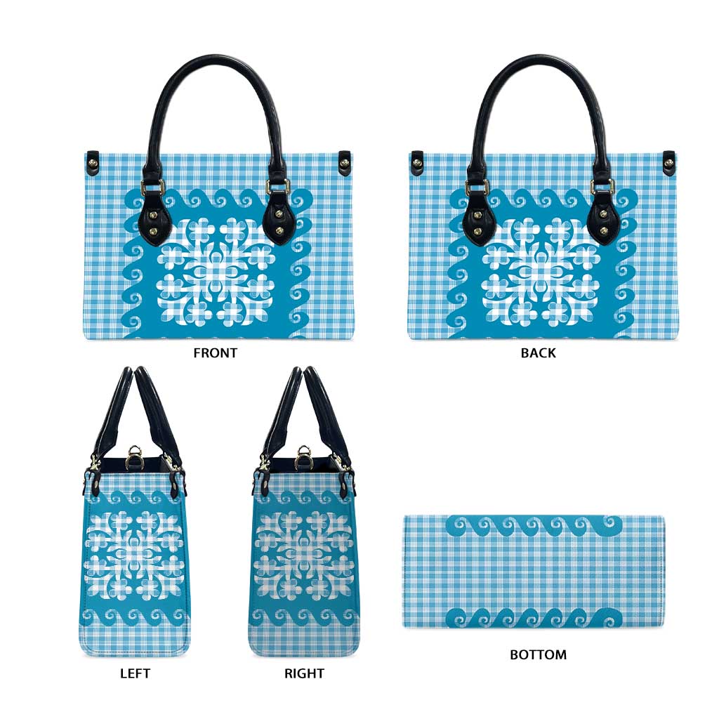 Blue Ulu Palaka Quilt Pattern Leather Bag Hawaii Culture Breadfruit - Polynesian Pride