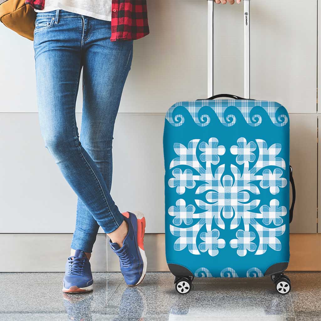 Blue Ulu Palaka Quilt Pattern Luggage Cover Hawaii Culture Breadfruit - Polynesian Pride