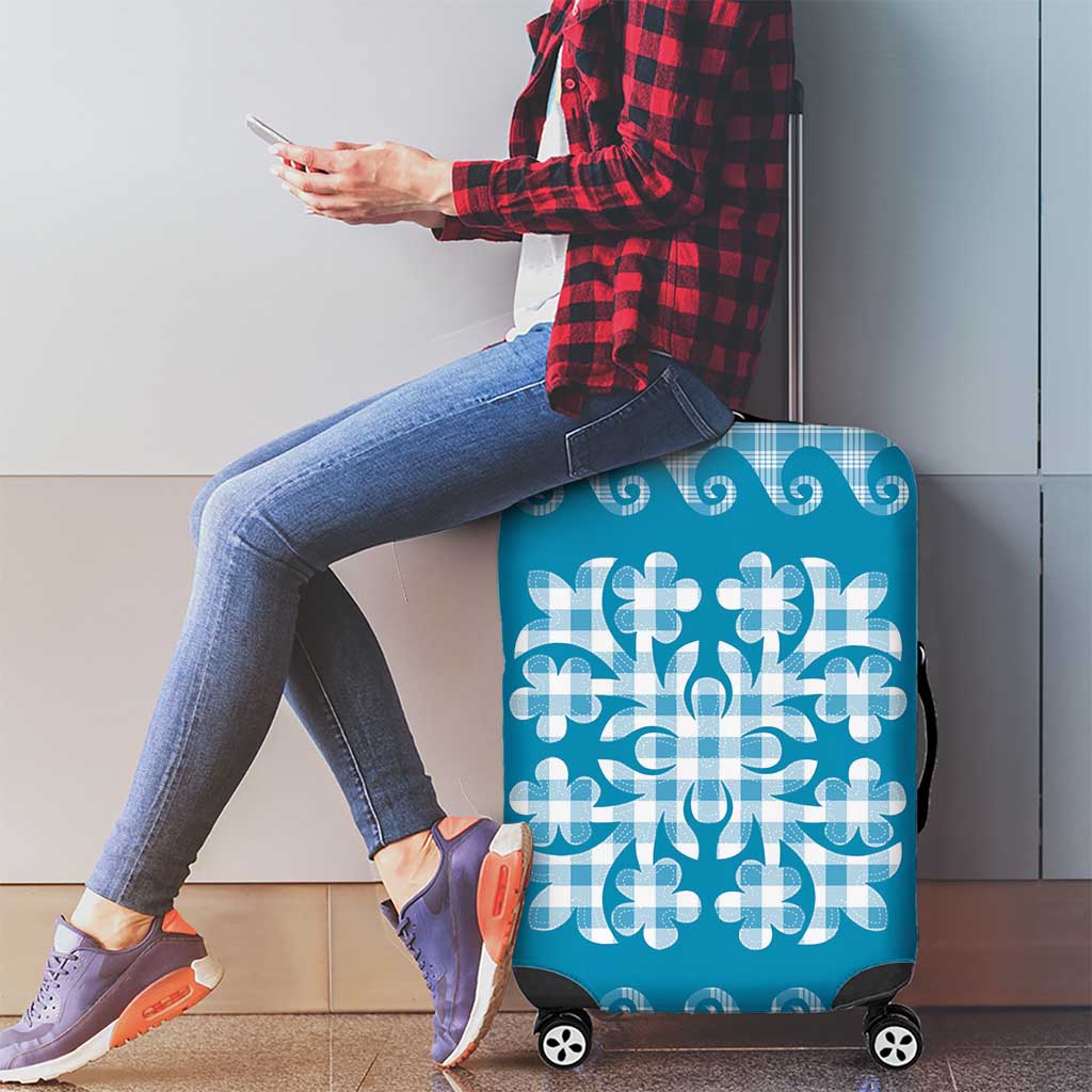 Blue Ulu Palaka Quilt Pattern Luggage Cover Hawaii Culture Breadfruit - Polynesian Pride