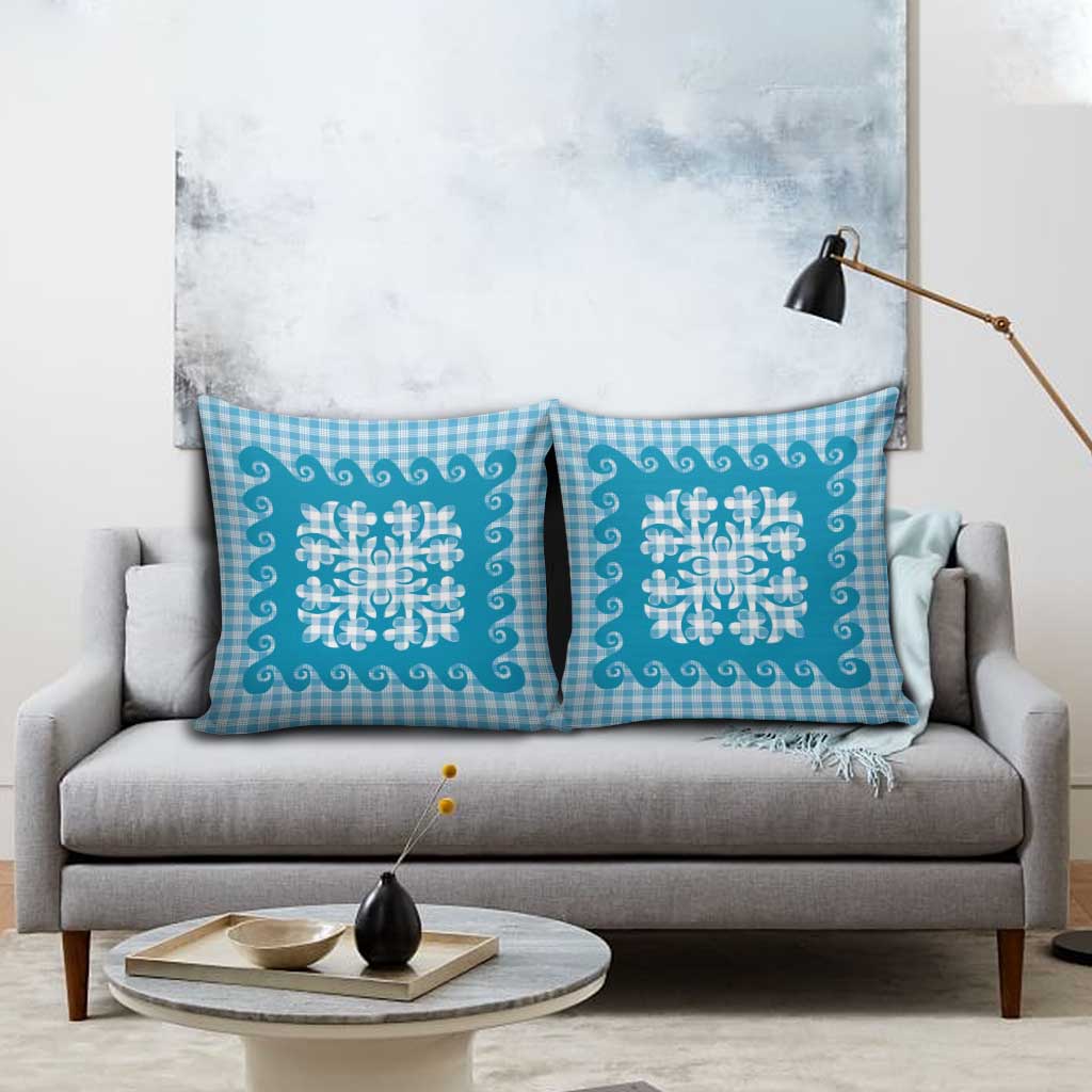 Blue Ulu Palaka Quilt Pattern Pillow Cover Hawaii Culture Breadfruit - Polynesian Pride