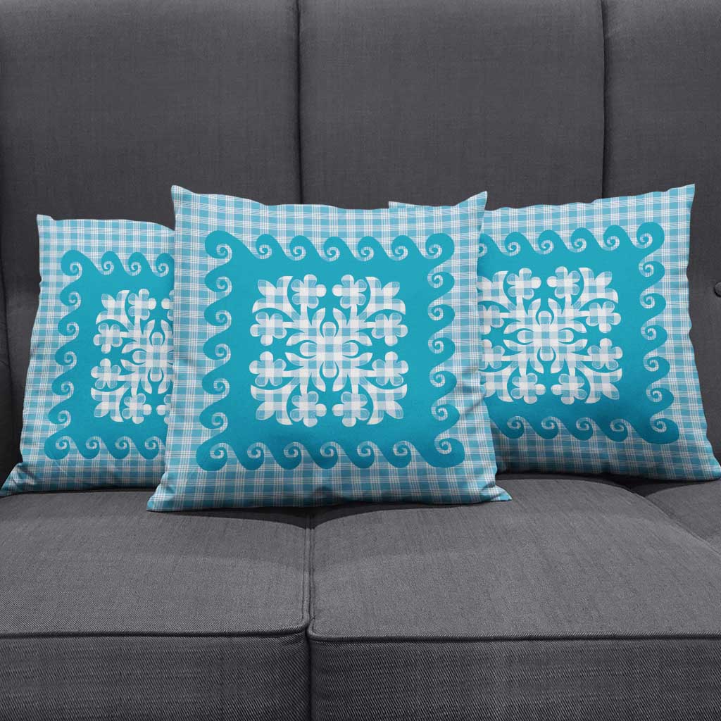 Blue Ulu Palaka Quilt Pattern Pillow Cover Hawaii Culture Breadfruit - Polynesian Pride