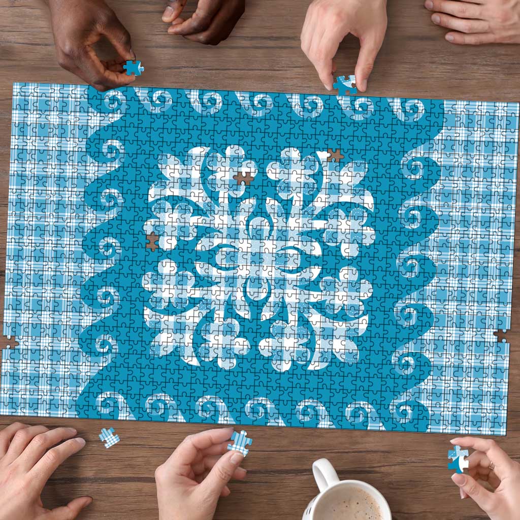 Blue Ulu Palaka Quilt Pattern Puzzle Hawaii Culture Breadfruit - Polynesian Pride