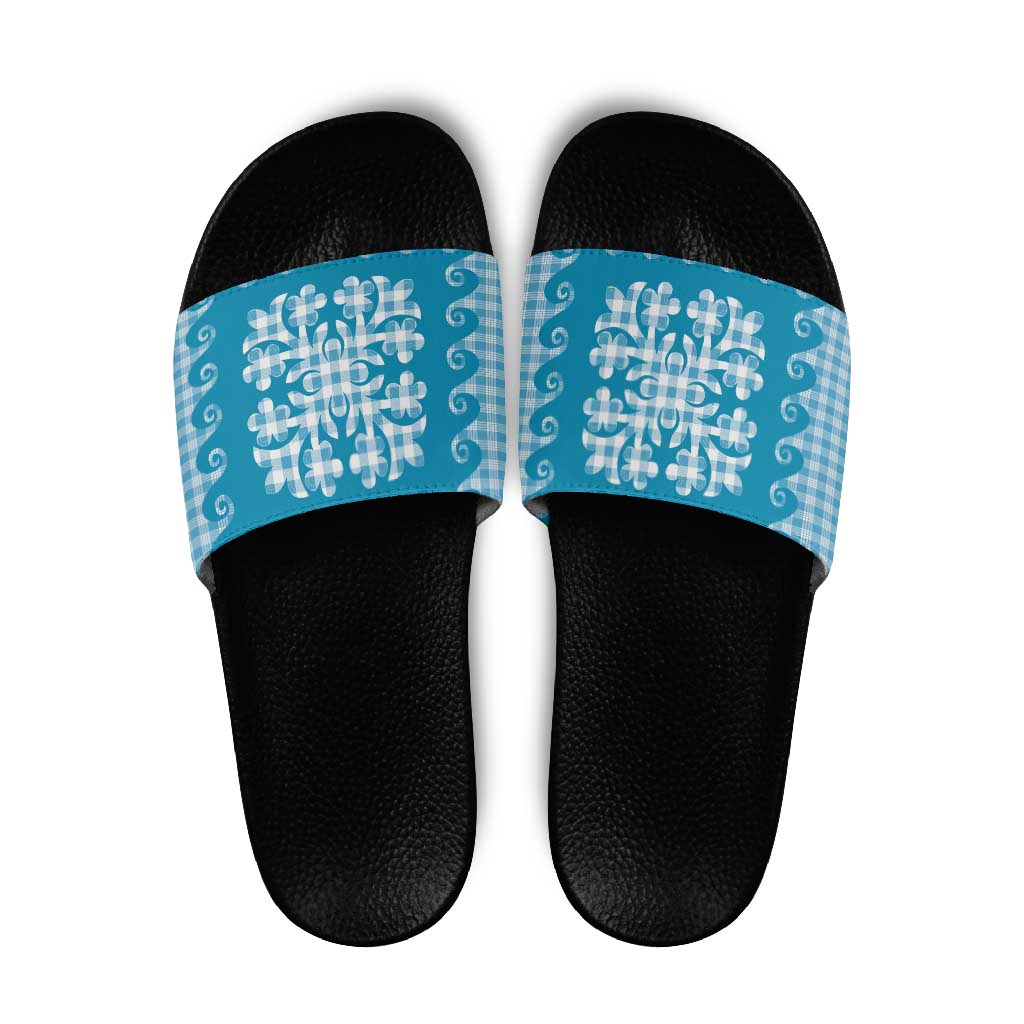 Blue Ulu Palaka Quilt Pattern Slide Sandals Hawaii Culture Breadfruit - Polynesian Pride