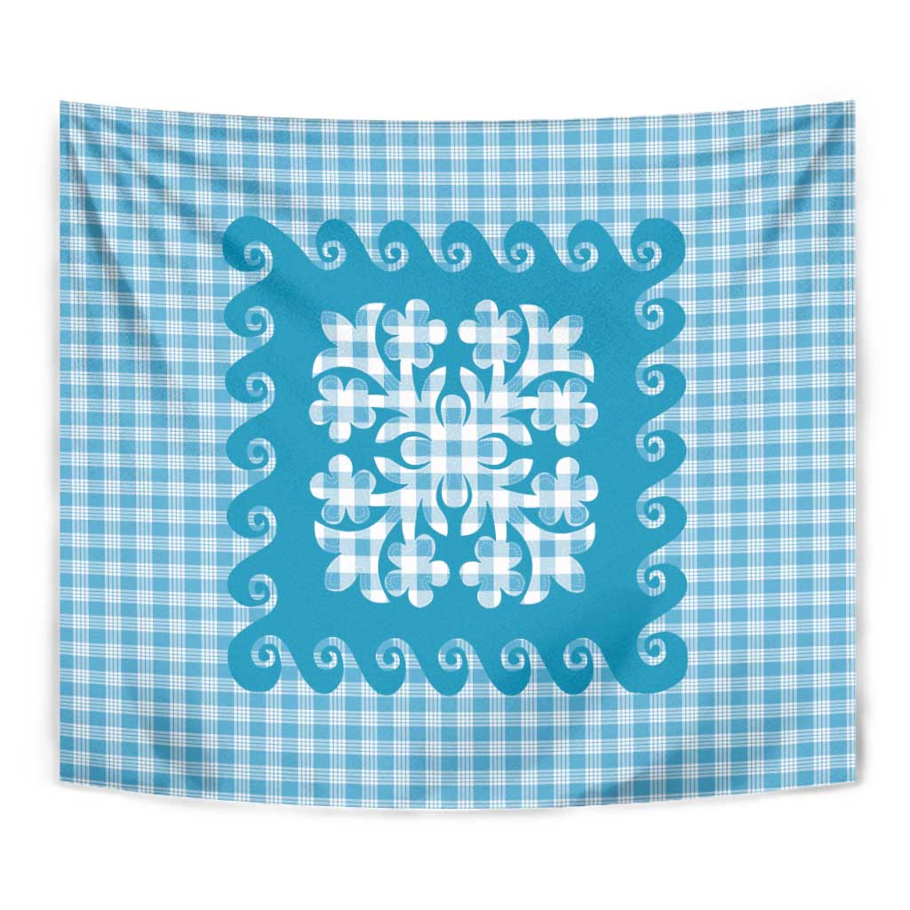 Blue Ulu Palaka Quilt Pattern Tapestry Hawaii Culture Breadfruit - Polynesian Pride