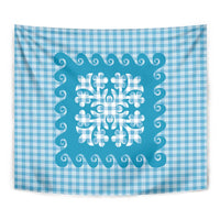 Blue Ulu Palaka Quilt Pattern Tapestry Hawaii Culture Breadfruit - Polynesian Pride