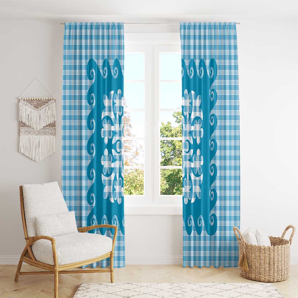 Blue Ulu Palaka Quilt Pattern Window Curtain Hawaii Culture Breadfruit - Polynesian Pride