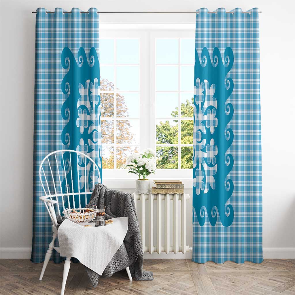 Blue Ulu Palaka Quilt Pattern Window Curtain Hawaii Culture Breadfruit - Polynesian Pride