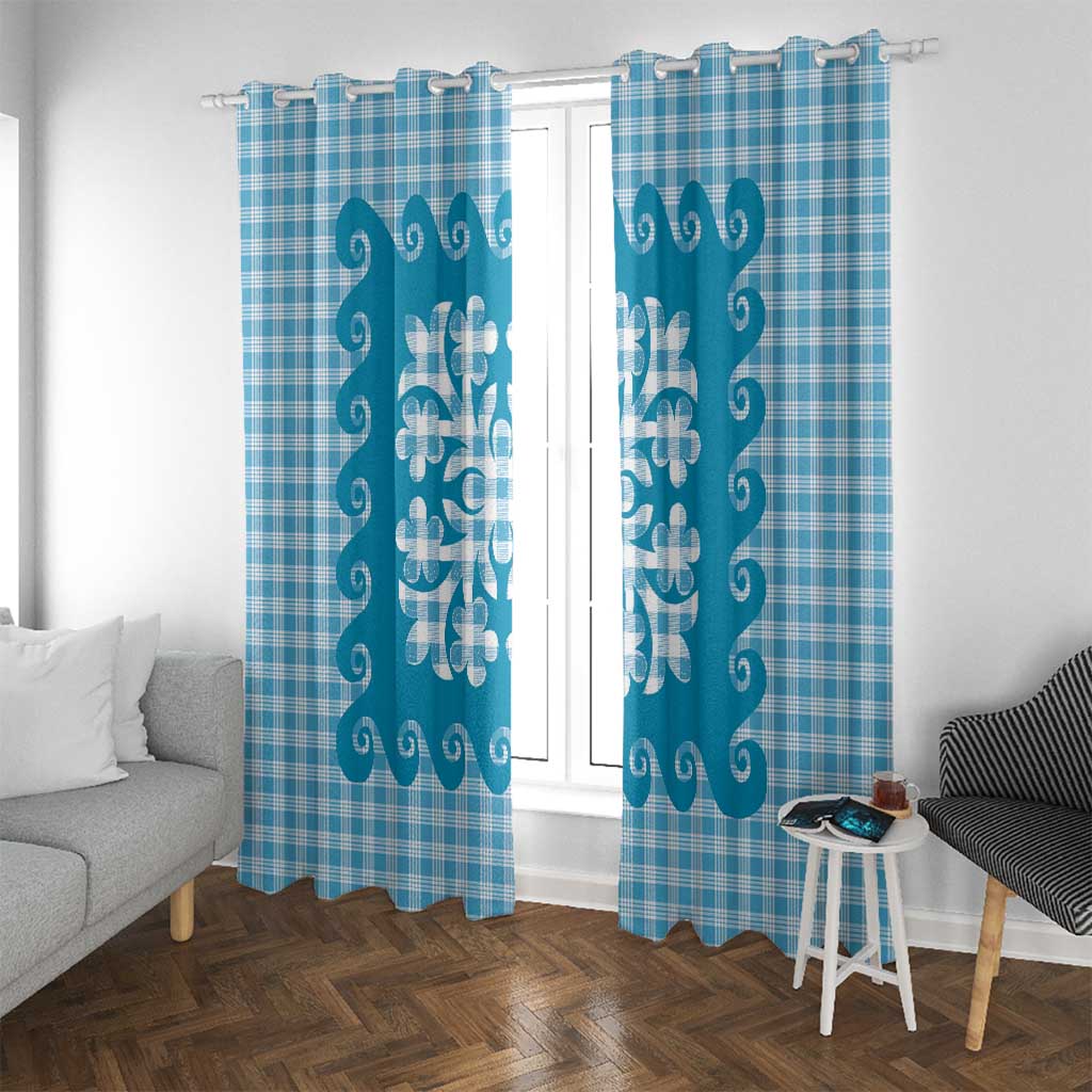 Blue Ulu Palaka Quilt Pattern Window Curtain Hawaii Culture Breadfruit - Polynesian Pride